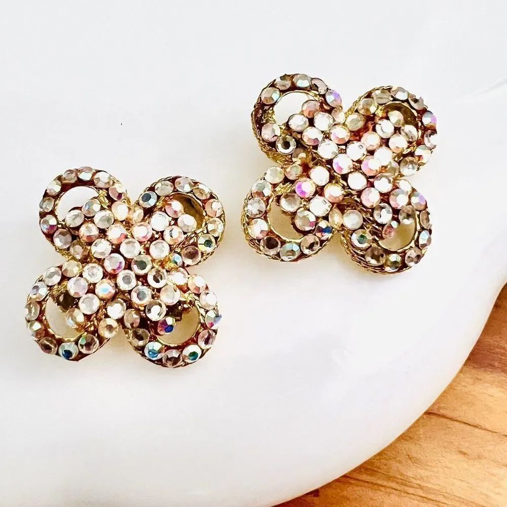 Vintage Aurora Borealis Cross Earrings AB Rhinestone Gold Ton Clip On Fancy 4565